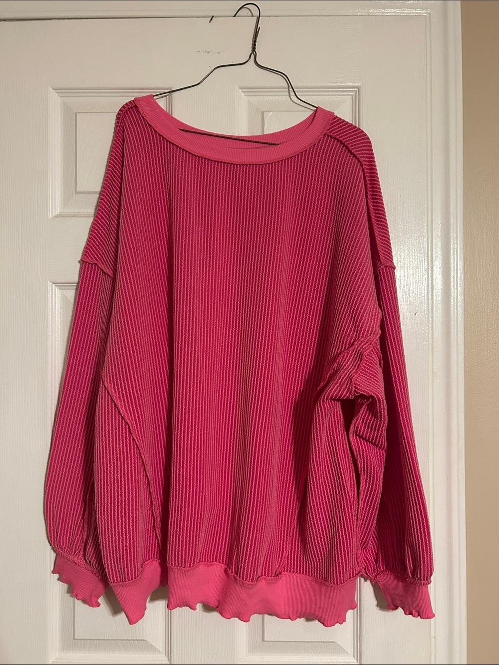 Women's Hot Pink Ribbed Long-Sleeve Top